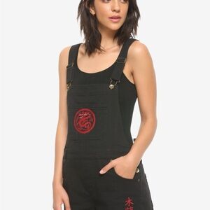 Disney mulan mushu Black Denim short Overalls with Red Embroidery